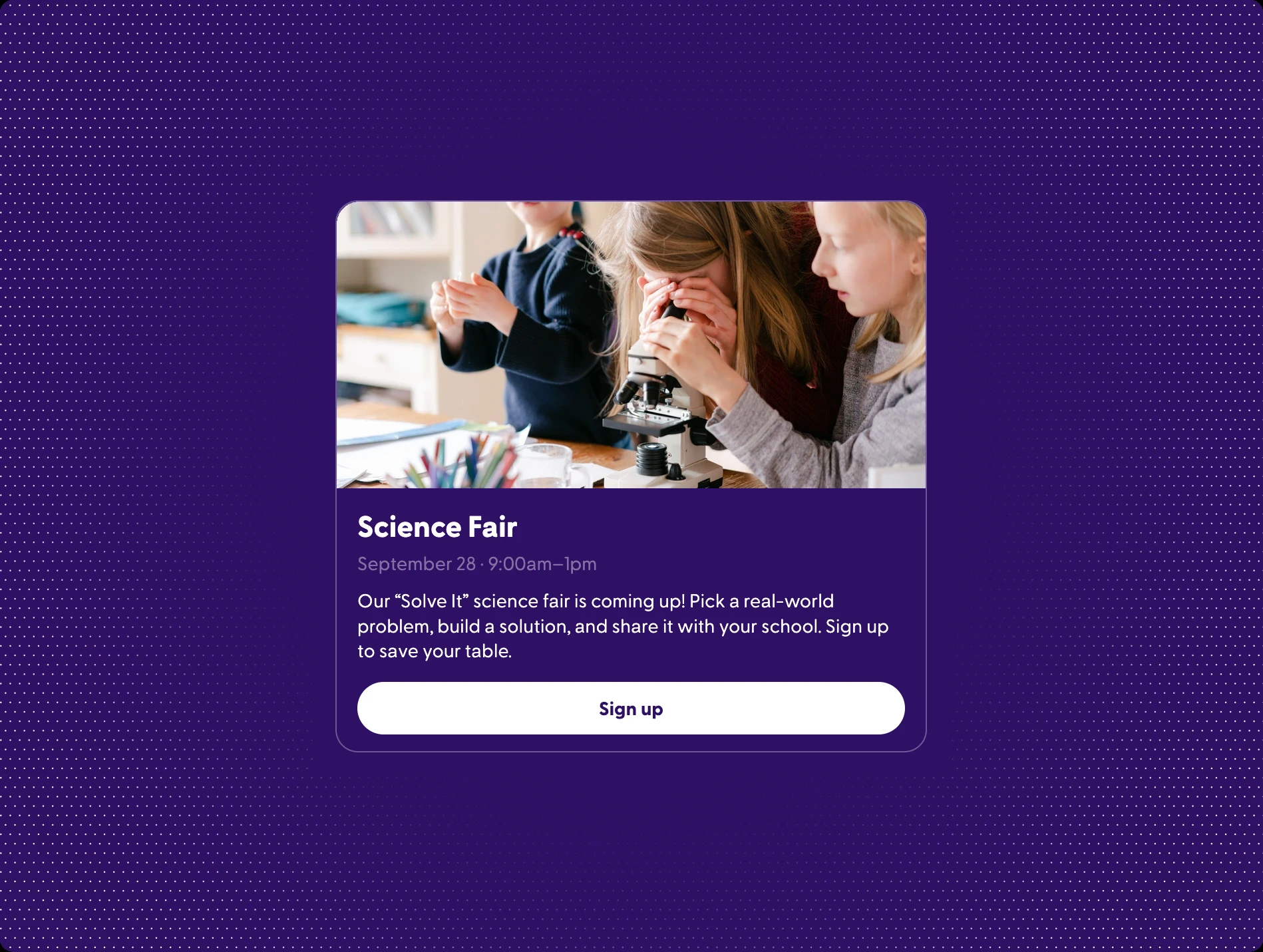 A Science Fair event post with the date, a note inviting students to sign up, and a Sign up button