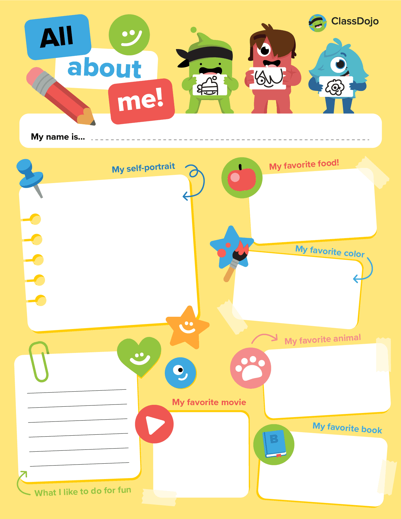 All About Me Worksheet ClassDojo